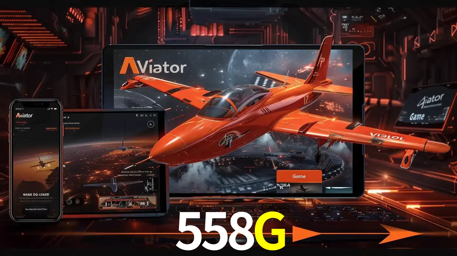 Apresentação tecnológica do jogo Aviator com um avião saindo da tela de um tablet, demonstrando a experiência imersiva em múltiplos dispositivos no 558G.