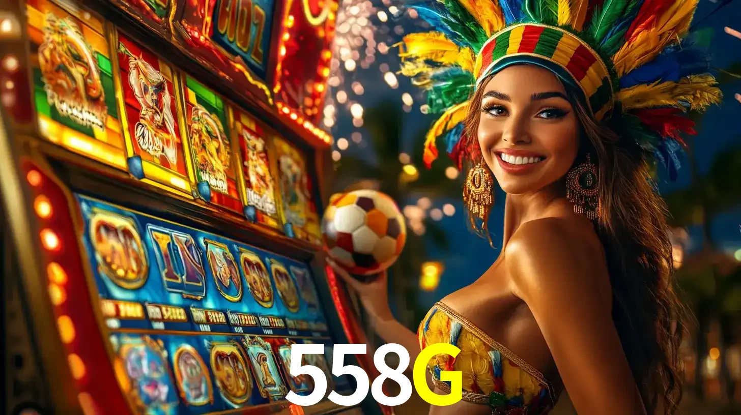 Mulher com um cocar de carnaval ao lado de uma máquina de caça-níqueis enquanto segura uma bola de futebol, mostrando a união da diversão de cassino e esportes no 558G.