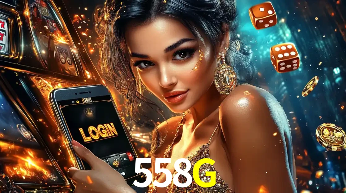 Mulher glamourosa segurando um celular com a tela de login do cassino 558G, rodeada por dados e moedas douradas, pronta para começar a diversão.