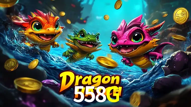 Arte promocional do jogo Dragon Hatch com três adoráveis dragões bebês nadando entre moedas de ouro, um dos slots mais divertidos para jogar no cassino 558G.