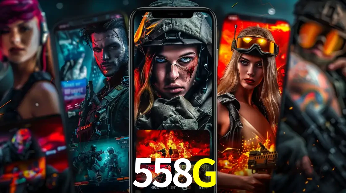 Montagem de telas de celular mostrando diversos personagens, masculinos e femininos, de um jogo de tiro, ilustrando a diversidade de equipes de e-sports para apostar no 558G.
