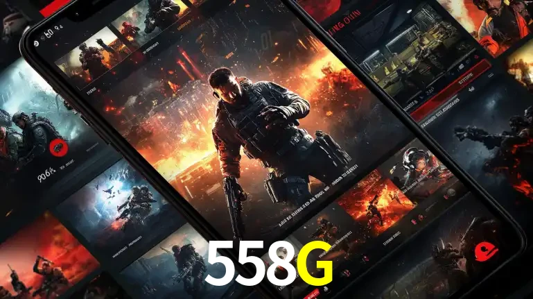 Tela de um celular exibindo uma galeria de jogos de tiro com temática militar, mostrando a variedade de e-sports disponíveis para apostas na plataforma de entretenimento 558G.