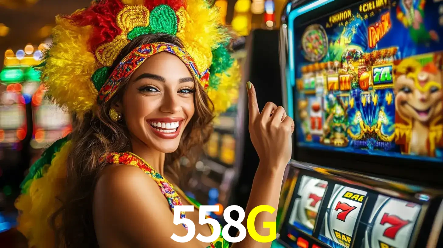 Mulher animada com um cocar de carnaval apontando para uma máquina de caça-níqueis, mostrando a emoção de ganhar um grande prêmio nos jogos do 558G.