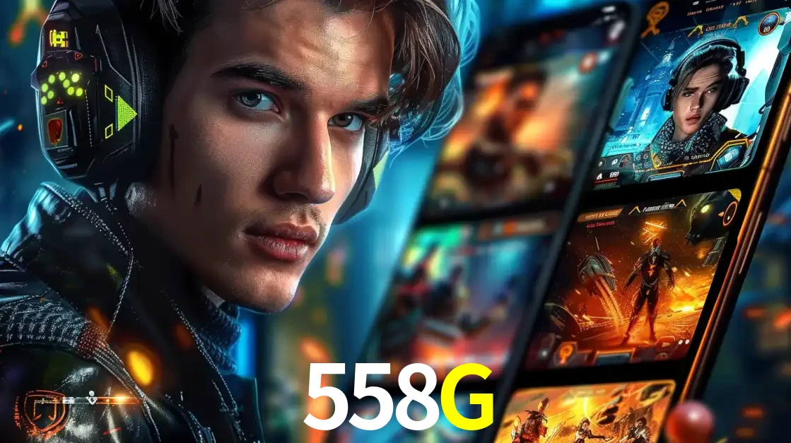 Jovem jogador com fones de ouvido olhando para a câmera, com um aplicativo de jogos e e-sports para celular ao fundo, pronto para a competição e apostas no 558G.