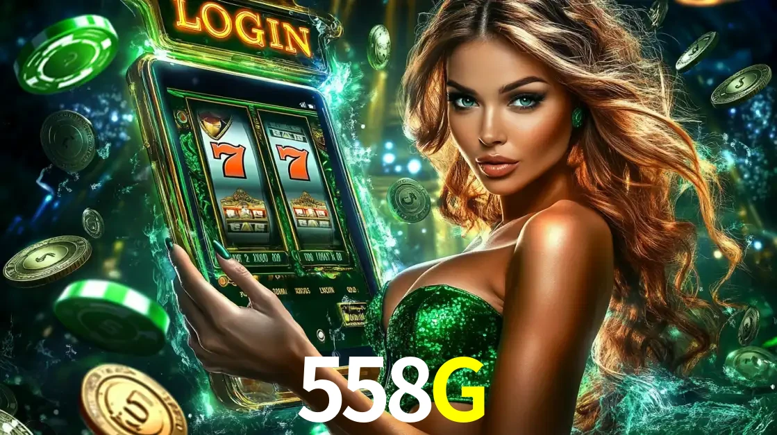 Mulher com tema verde apresentando o aplicativo do cassino 558G com um jogo de slot de 777, cercada por fichas de cassino e uma aura de sorte.