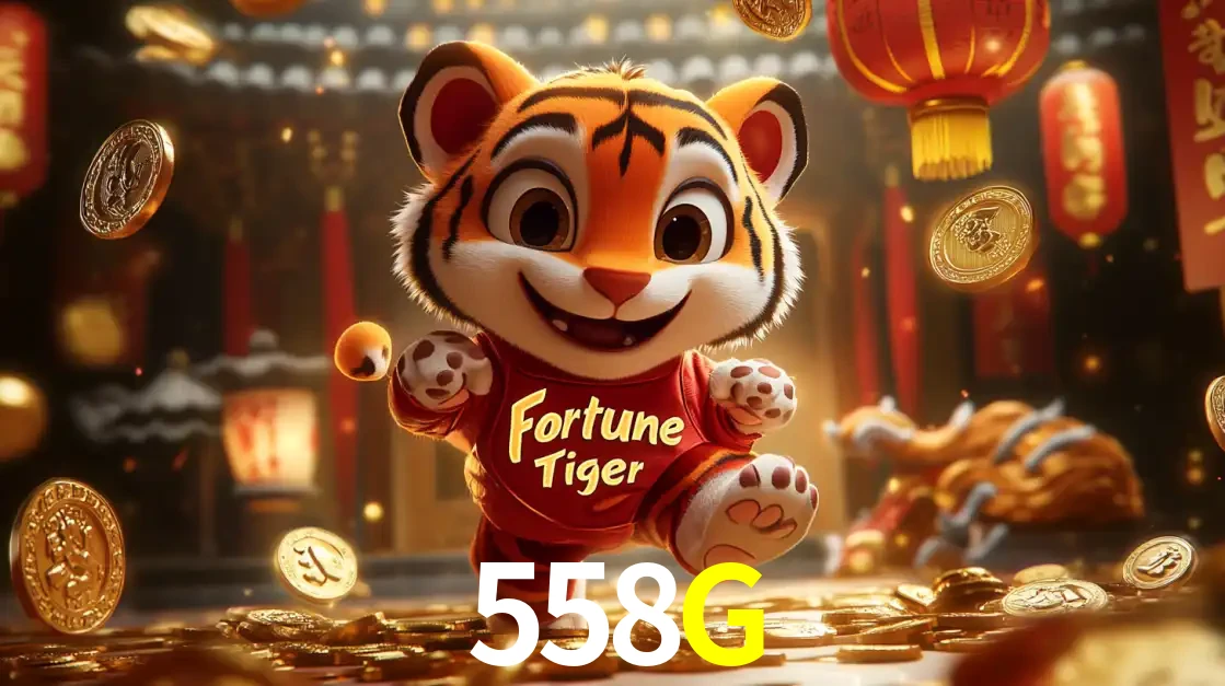 O alegre personagem do Fortune Tiger correndo sobre um caminho de moedas de ouro, simbolizando os grandes prêmios e a diversão do popular jogo de slot do 558G.