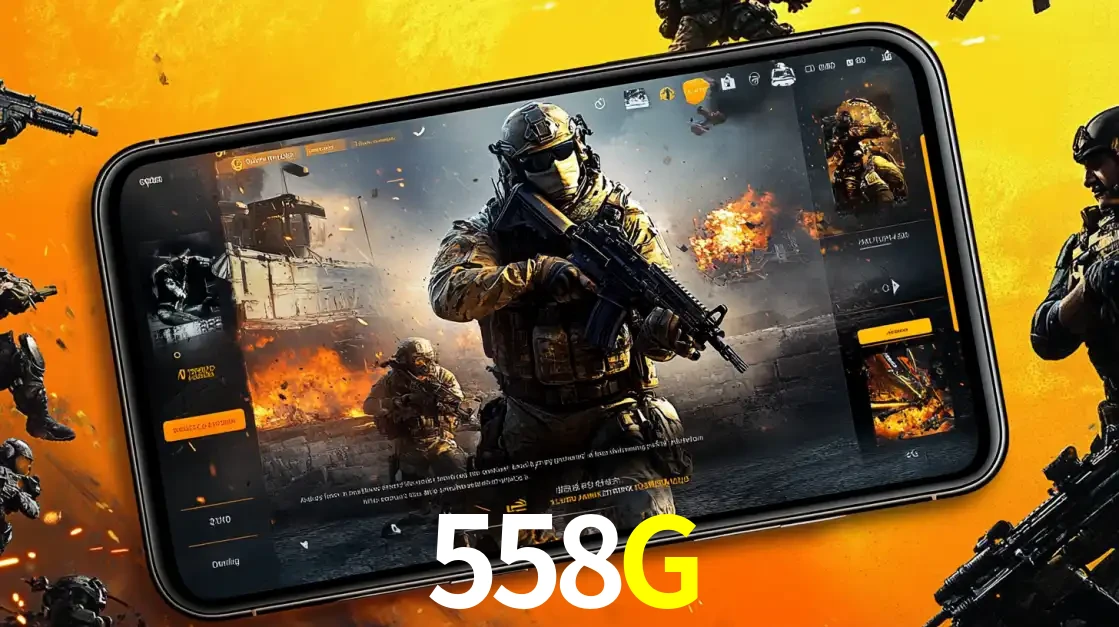 Um smartphone exibindo a interface de um jogo de tiro em primeira pessoa, com um soldado em um cenário de batalha, representando a ação dos e-sports para apostar no 558G.