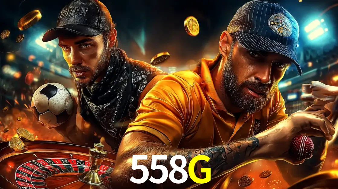 Montagem de apostas esportivas e cassino no 558G, com um homem segurando uma bola de futebol e outro uma de beisebol sobre uma roleta e moedas voadoras.