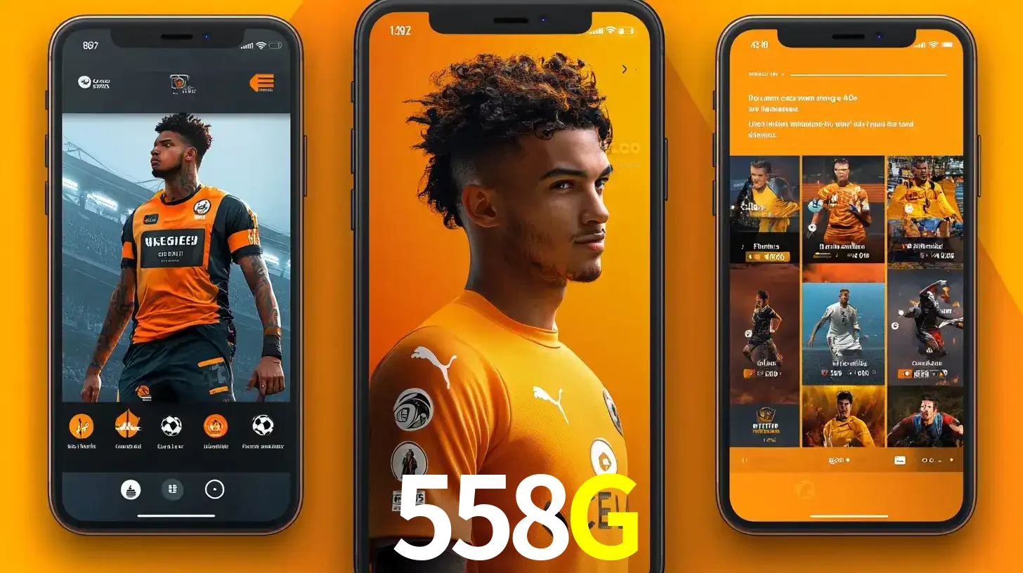 Interface do aplicativo de apostas esportivas 558G em três telas de celular, mostrando o perfil de um jogador de futebol e a lista de jogos disponíveis para apostar.