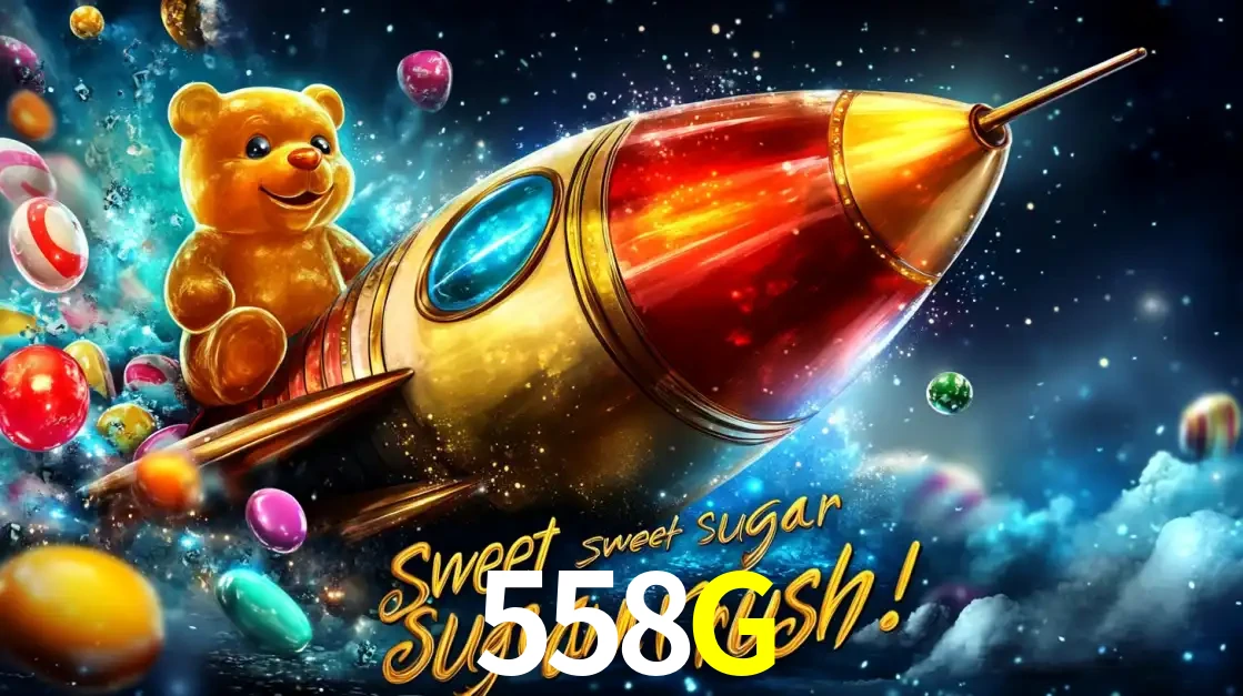Arte promocional do jogo de slot Sugar Rush, com um urso de pelúcia em um foguete viajando pelo espaço de doces, um dos jogos divertidos disponíveis no cassino 558G.