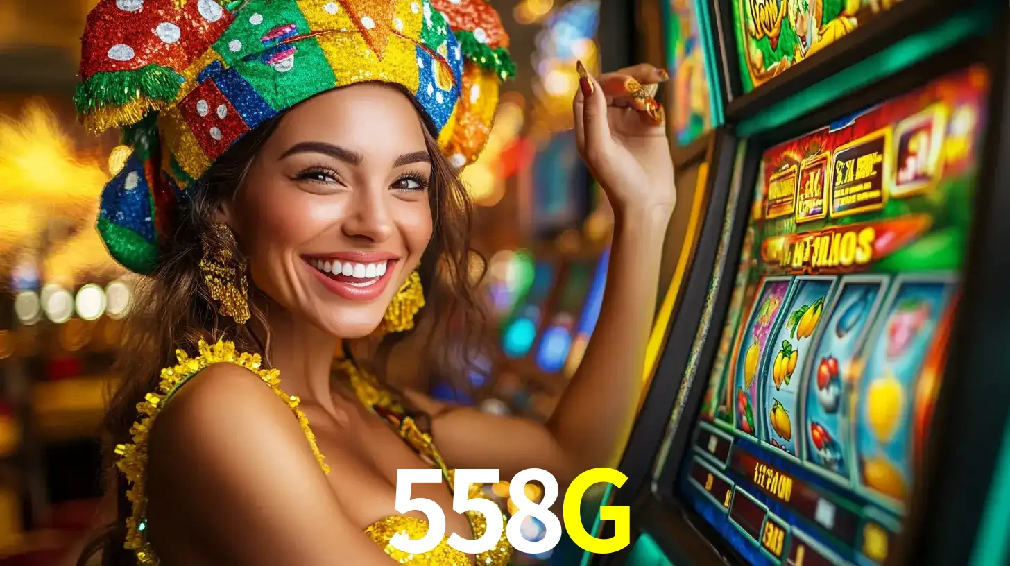 Mulher feliz com traje de carnaval amarelo e colorido ao lado de uma máquina de caça-níqueis, aproveitando a diversão e os jogos temáticos do cassino 558G.
