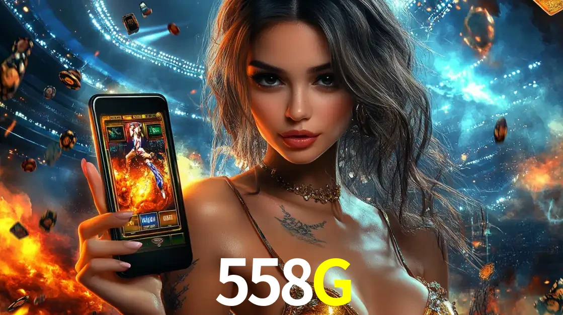 Mulher segurando um celular com um jogo de slot em destaque, tendo como fundo um estádio vibrante, simbolizando a emoção de jogar no cassino móvel 558G.