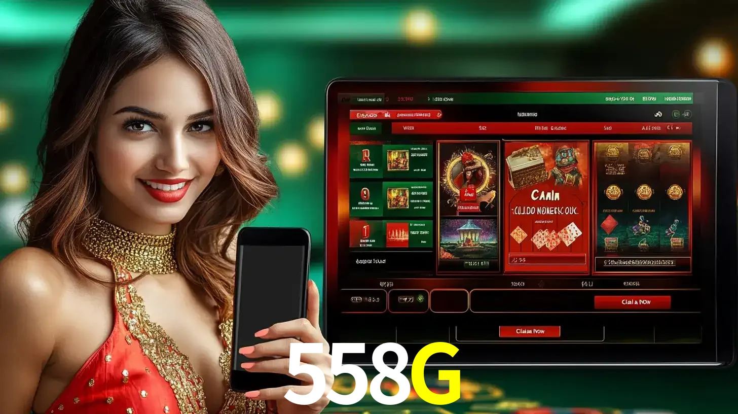 Mulher sorridente segurando um smartphone, ao lado de uma tela exibindo o lobby de jogos do cassino online 558G, com várias opções de jogos de cartas e slots.